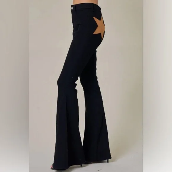 LIKE NEW Black Super Flare Jeans with Faux Suede Stars - Western Boho Style - Picture 2 of 3